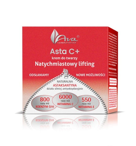 Asta C + sofort llifting Tagescreme von AVA LABORATORIUM, cremige Textur in einem Tiegel, ideal für glatte, strahlende Haut