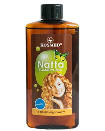 Kosmetisches Kerosin mit Arganöl von KOSMED, 150 ml, Flasche mit transparentem Inhalt und Arganöl-Design auf der Verpackung