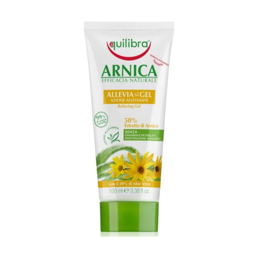 Beruhigendes Arnika-Gel von EQUILIBRA in 100ml Flasche, zeigt das Gel in einer offenen Tube mit Arnika-Blumen.