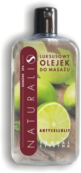 Naturalis Anti-Cellulite-Massageöl in einer Flasche, zeigt die Verpackung und das Produkt auf einer weißen Oberfläche