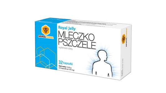 Gelée Royale 32 Kapseln von APIPOL FARMA, detailreiche Nahaufnahme der Verpackung und Kapseln.