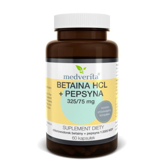 Medverita Betain HCL + Pepsin Kapseln, braune Tabletten in einer weißen Packung, für Verdauungshilfe