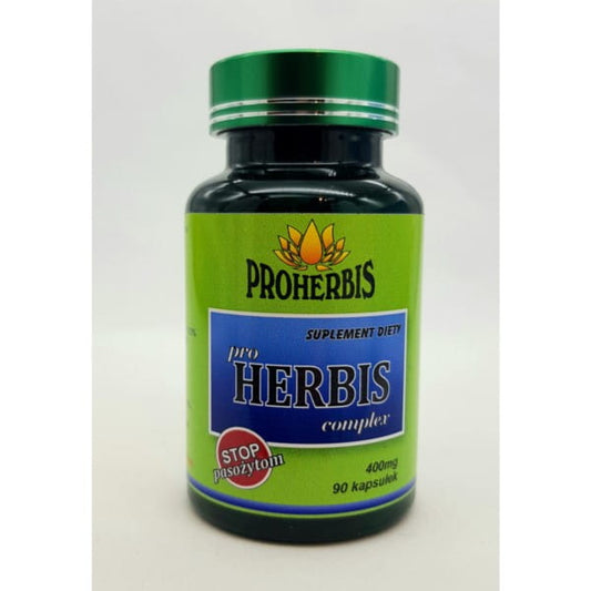 Nahaufnahme von Pro Herbis-Komplex 400 MG Kapseln der Marke PROHERBIS in einer Packung, geeignet zur natürlichen Pflanzenpflege.