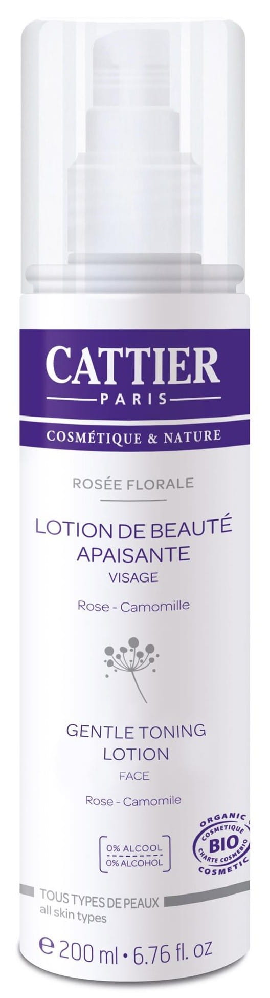 Gesichtswasser Rose und Kamille von CATTIER, 200 ml, mit natürlicher Formel für gepflegte und erfrischte Haut.