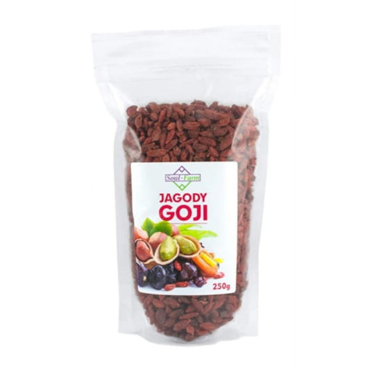 Getrocknete Goji-Beeren in 250 g Packung von SOUL FARM, fruchtige rote Beeren auf weißem Hintergrund.