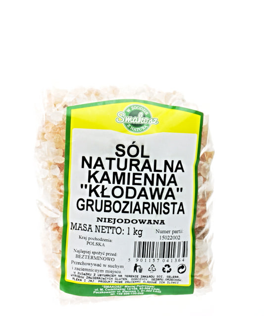 Rosa Natursteinsalz aus Kłodawa, grobkörnig, nicht jodiert, 1 kg, von SMAKOSZ, zeigt große rosa Salzkrümel