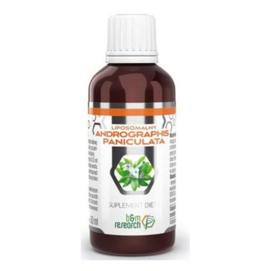 Flasche mit 50 ml Andrographis paniculata Extrakt von BOTANICAL RESEARCH, dunkelgrüne Verpackung, Etikett sichtbar