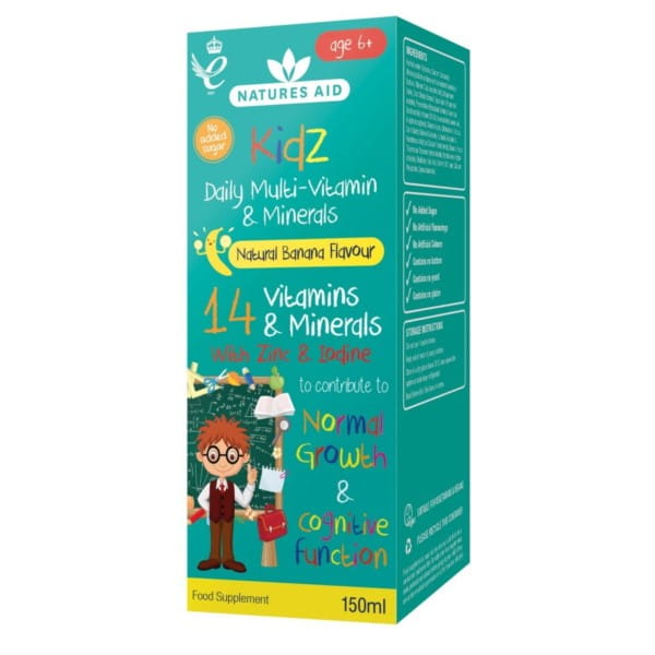 Kinder-Multivitamin und Mineralien Flasche von NATURES AID, 150 ml, mit bunten Früchtesäften für gesunde Kinder.