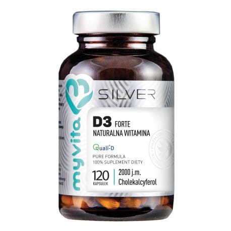 Vitamin D3 2000 IE Kapseln von MyVita Silver Widerstand, Nahaufnahme der braunen Kapseln in der Verpackung.