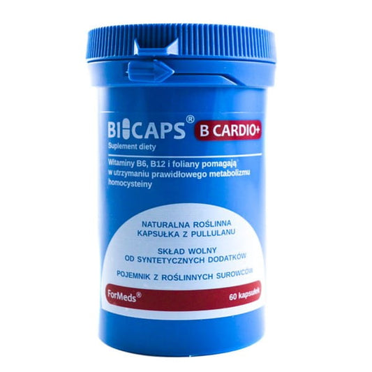 Bicaps B Cardio + FORMEDS 60 Kapseln, Nahrungsergänzung für Herzgesundheit, transparente Verpackung und Kapseln sichtbar