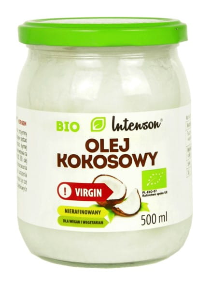 Natives BIO Kokosöl von Intenson in 500 ml Flasche, cremige Textur und natürliches Kokosaroma, ideal für Koch und Hautpflege.
