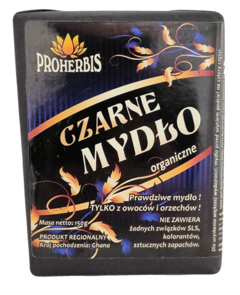 Schwarze Seife von PROHERBIS, 150 g, in einer dunklen Seifenbox mit traditionellen Inhaltsstoffen.