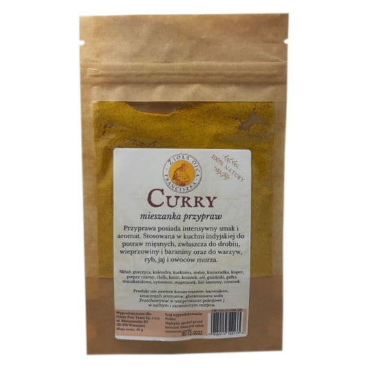 Frischer Curry in 40 g Packung von Vater Francis's Kraut, ZIOŁA OJCA FRANCISZKA, mit bunten Gewürzen und Kräutern.