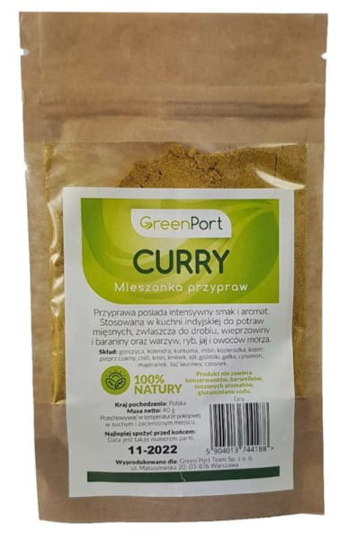 Grüner Curry-Gewürzmischung GreenPort, 40 g, in einer offenen Gewürzdose mit grünen und braunen Gewürzstücken sichtbar