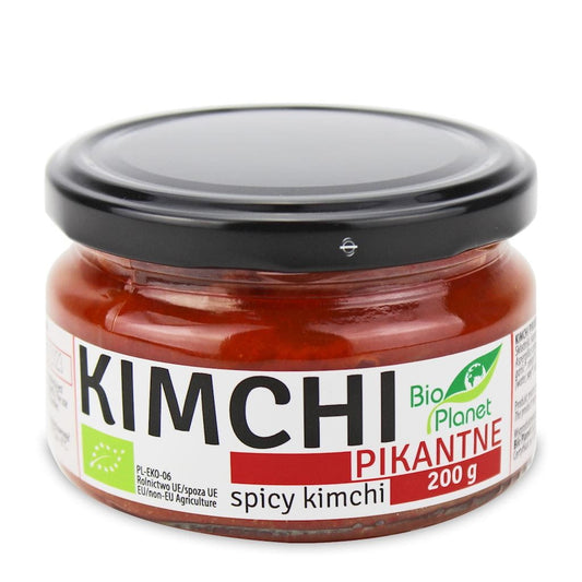 Scharfes Bio Kimchi in 200 g Verpackung von BIO PLANET, fermentiertes koreanisches Gemüse, sichtbar in der Verpackung