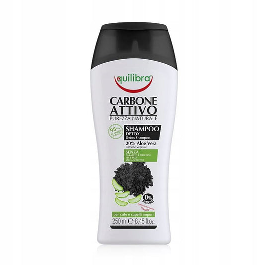 Shampoo mit Aktivkohle von EQUILIBRA, 250 ml Flasche, zeigt die dunkle Farbe und die Verpackung des Haarpflegeprodukts.