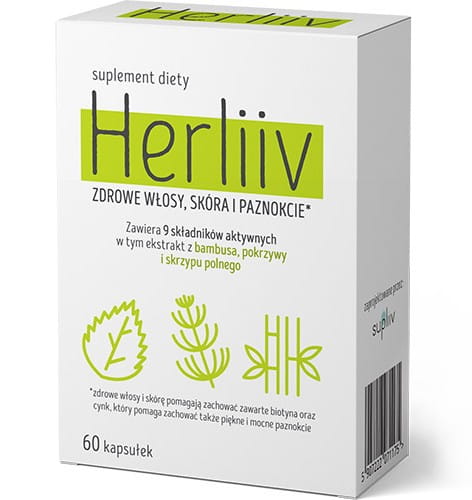 Herliiv 60 Kapseln von SUPLIIV für gesundes Haar, Haut und Nägel, Nahaufnahme der Kapseln in einer Packung.
