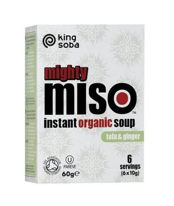 Glutenfreie Instantsuppe mit rotem Miso, Tofu und Ingwer von KING SOBA, 6 Packungen à 10 g, Bio-Zutaten.