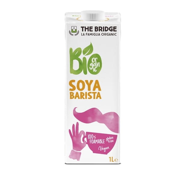 Glutenfreies Soja-Baristagetränk von THE BRIDGE in 1000ml Flasche, pflanzliche Alternative für Kaffeegetränke, nachhaltige Verpackung