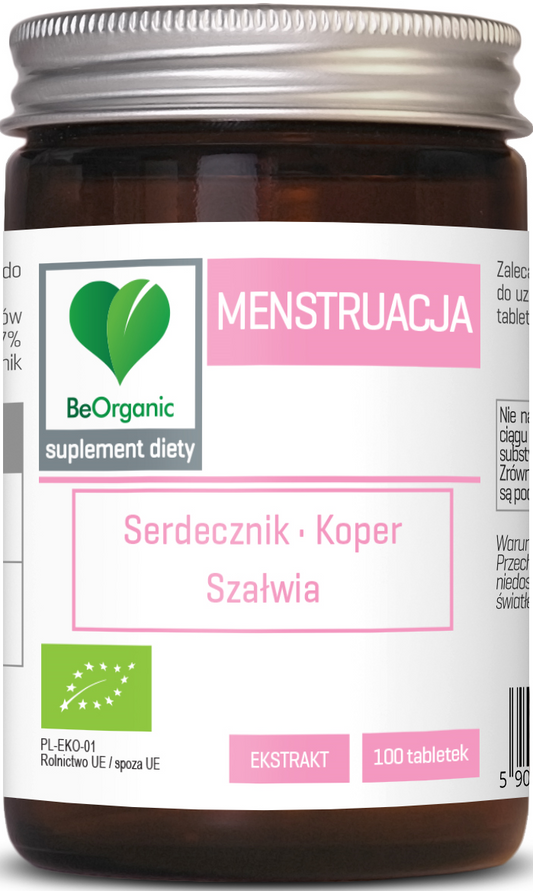 Biologische Menstruationstabletten von BE ORGANIC, 100 Stück, 450 mg, natürliche Nahrungsergänzung in Tablettenform.