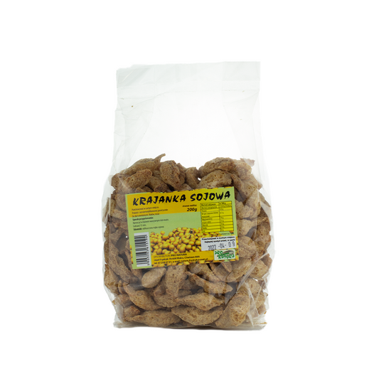 Knusprige Sojachips von PRO NATURA, 200 g, in einer offenen Packung, mit goldbrauner Farbe und knuspriger Textur.