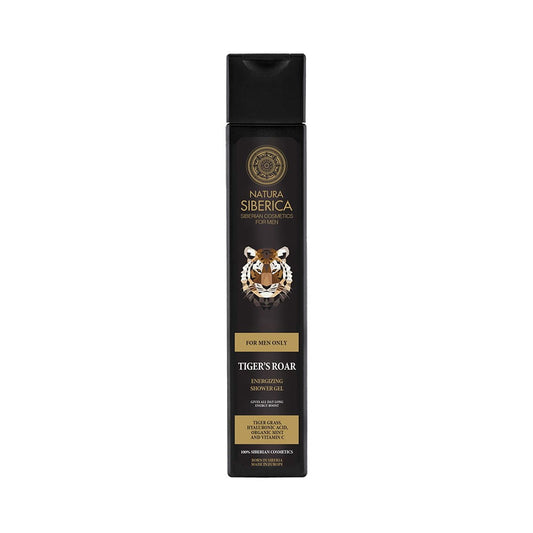 Energetisierendes Männer-Duschgel von EUROBIO LAB, NATURA SIBERICA, 250 ml Flasche mit grüner Verpackung und Duschkopf.