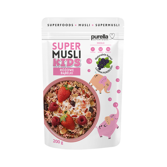 Supermusli Kids Pink Bubbles von Purella Food in 200 g Packung, mit bunten Cerealien und Fruchtstücken, kindgerechtes Müsli.