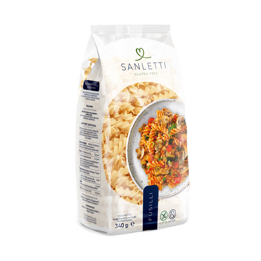 Glutenfreie Fusilli-Nudeln von SANLETTI in 340 g Verpackung, GFS Poland, trockene Pasta mit spiralförmiger Form.