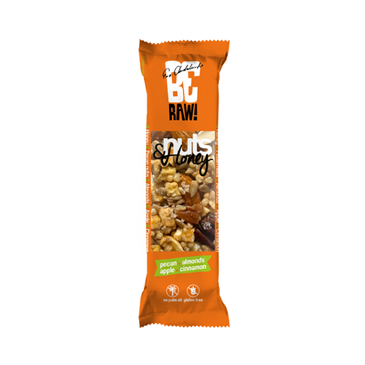 Pekannuss-Honig-Nuss-Riegel von Purella Food, 30g, mit Pekannüssen, Honig und Nüssen, auf weißem Hintergrund