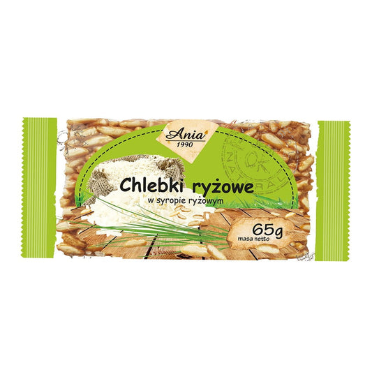 Reisbrot in Reissirup von ANIA, 65 g, zeigt das goldene, knusprige Reisbrot mit süßem Reissirup-Überzug.