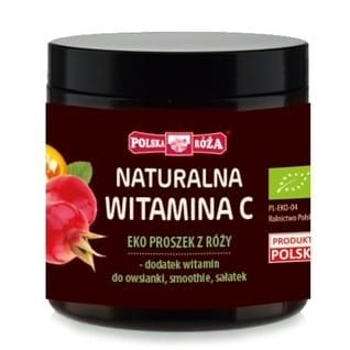 Bio Rosenpulver von Polska Róża, natürliches Vitamin C aus polnischer Rose, in 55 g Packung, getrocknete Rosenblätter sichtbar