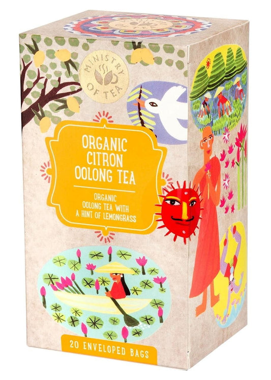 Bio Zitronen-Oolong-Tee von Ministry of Tea, 20 Teebeutel mit Zitronen- und Oolong-Teearomen, frisch und aromatisch.