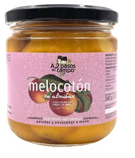 Bio Pfirsich in Reissirup von A2 Pasos del Campo, gläserne Verpackung, frischer Pfirsich in Reissirup, glutenfrei, 340 g
