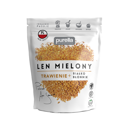 Gemahlener, entrahmter Flachs von Purella Food in 180 g Packung, fein gemahlen und ideal für gesunde Ernährung.