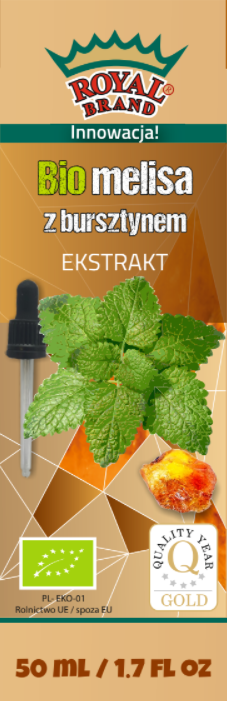 Bio Melisa-Extrakt mit Bernsteintropfen von Royal Brand in 50 ml Flasche, sichtbar in der Produktflasche