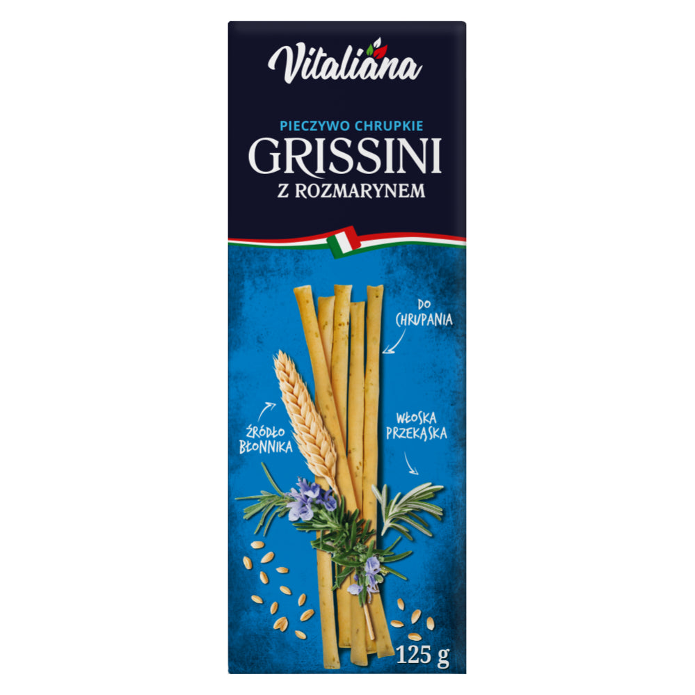 Knusprige Grissini-Finger mit Rosmarin, 125 g, NaturAvena, auf weißem Hintergrund, frisch und aromatisch.