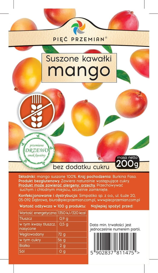Getrocknete Mangostücke von PIĘĆ PRZEMIAN, 200g, frisches Mango-Produkt in einer transparenten Verpackung.