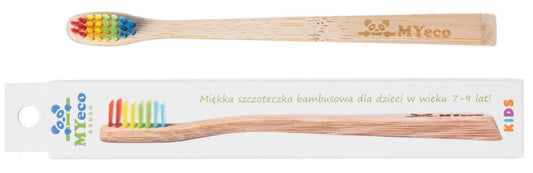 Bunte, weiche Kinderzahnbürste für 4-6 Jahre von MYECOBRUSH aus Bambus, mit bunten Borsten und umweltfreundlichem Design