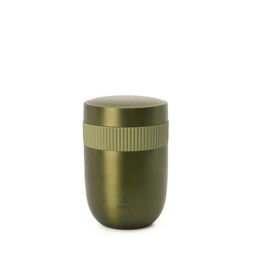 Edelstahl-Mitteltopf zweigeteilt in Khaki mit 420 ml und 200 ml Kapazität, von CHIC-MIC, zeigt den zweiteiligen Topf vor hellem Hintergrund.