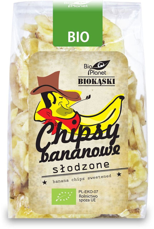 Gesüßte Bio-Bananenchips von BIO PLANET, 150 g, knusprige Bananenscheiben in natürlicher Süße, vegetarisch und biologisch hergestellt.