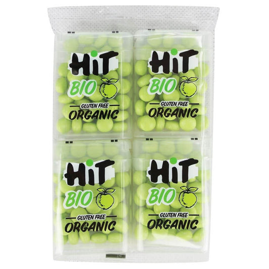 Glutenfreie Bio Apfel-Dragees von NATU, HIT, in 4x15 g Packungen, mit glänzender Apfel-Obstdragee auf weißem Hintergrund