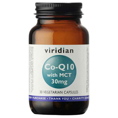 VIRIDIAN Coenin Q10 mit MCT, 30 mg, in 30 Kapseln, zeigt die Verpackung und Kapseln des Nahrungsergänzungsmittels.