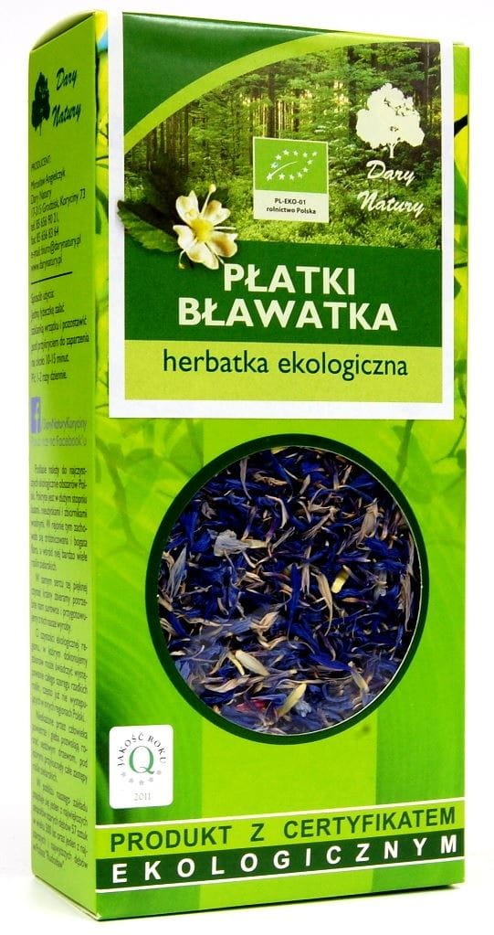 Bio Kornblumenkerntee von DARY NATURY in 25 g Packung, frisch und natürlich, zeigt die Kornblumenkerne in einer offenen Tüte