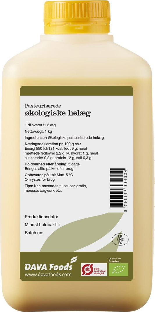 Flüssige Bio-Volleier von DAVA FOODS in 1 kg Flasche, klare Flüssigkeit mit Eiallage, biologisch und hochwertig verpackt