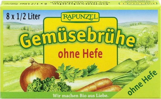 Helle grüne Bio-Gemüsewürfel ohne Hefe von RAPUNZEL, 8x10 g, frische Brühe für gesunde Kochrezepte.
