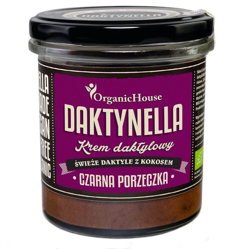 Bio Kokos-Dattelcreme mit schwarzer Johannisbeere, glutenfrei, 280 g, DAKTYNELLA, cremige Fruchtaufstrich in Glas.