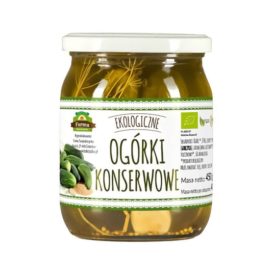 Glas Gurkenkonserven mit Apfelessig von FARMA ŚWIĘTOKRZYSKA, glutenfrei, BIO, 500 g, frisch und aromatisch.