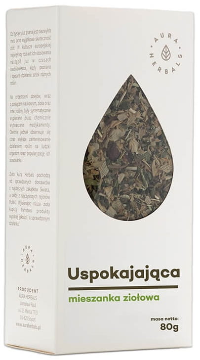 Beruhigende Tee-Kräutermischung von AURA HERBALS in einer 80g Packung, mit frischen Kräutern und getrockneten Blättern sichtbar
