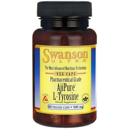 Swanson L-Tyrosin Kapseln, 500 mg, in einer offenen Packung, zeigt die braunen Kapseln auf weißem Hintergrund