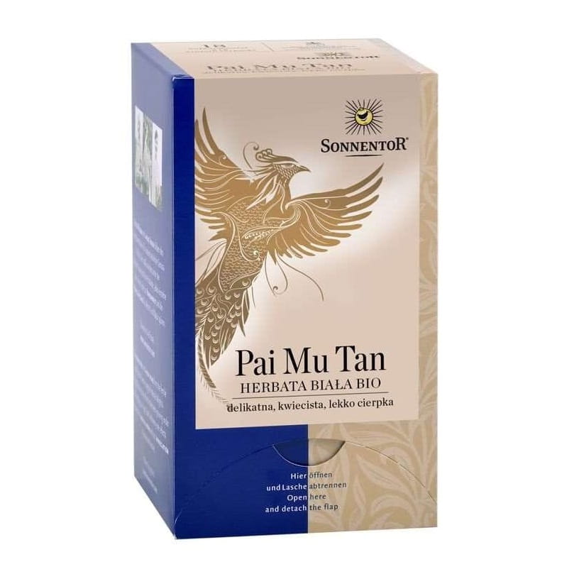 Bio Pai Mu Tan Weißer Tee von SONNENTOR, 18 einzelne Teebeutel, frisch und aromatisch in einer Verpackung sichtbar.